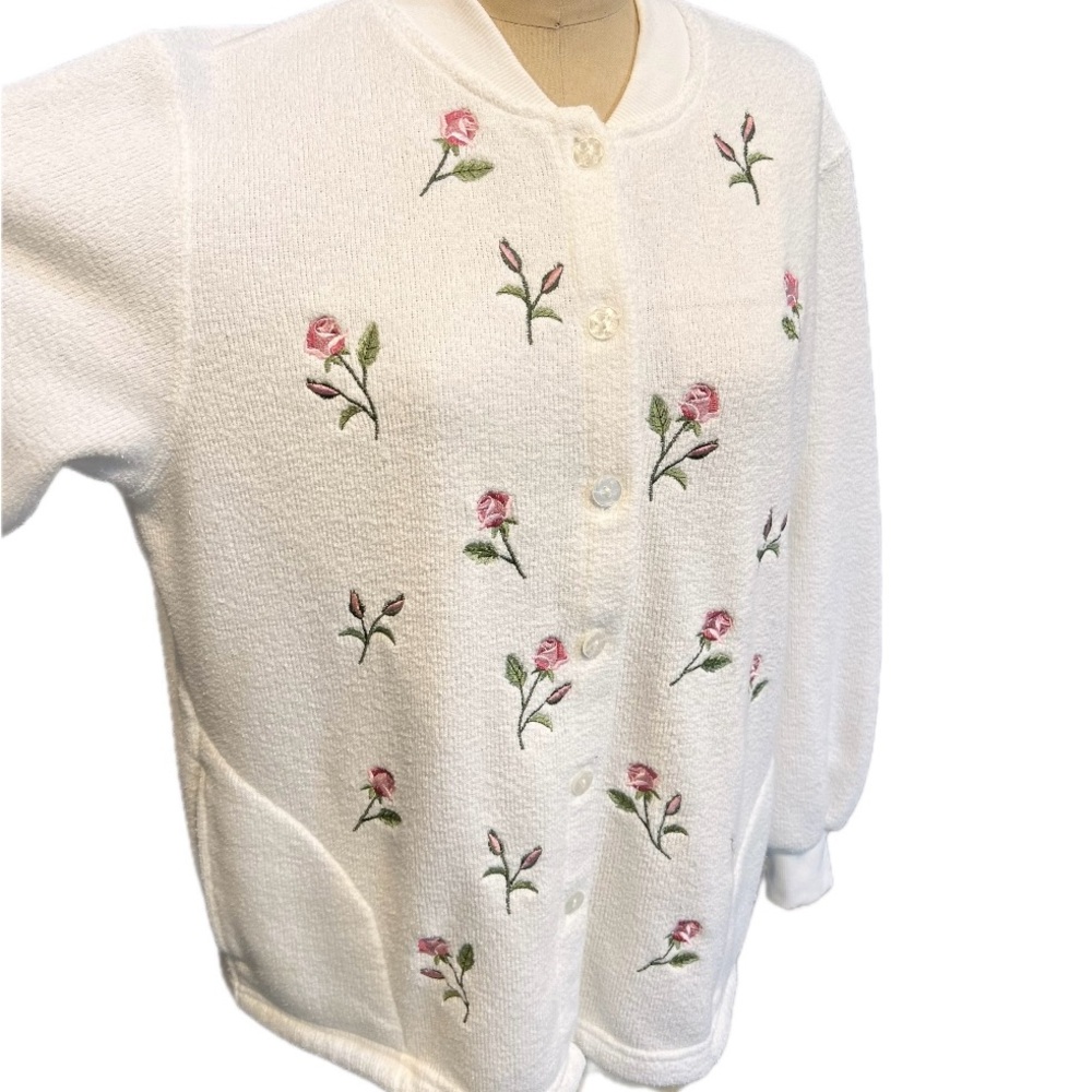 VINTAGE cottage rose garden terry cloth sweater cardigan button front 80s 90s
